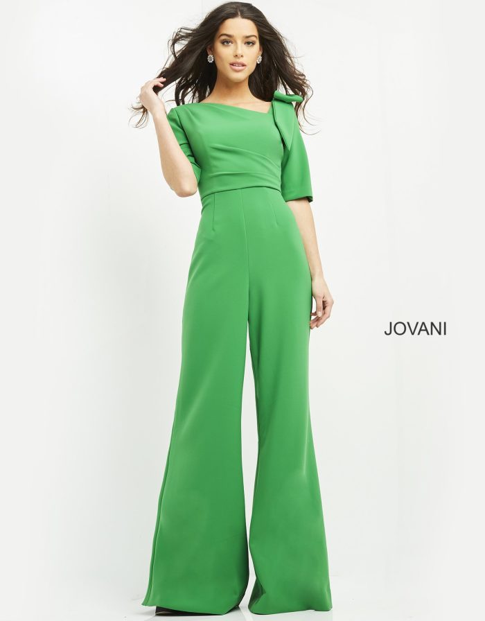 Jumpsuit High Low Neckline Long Formal Jumpsuit Emerald