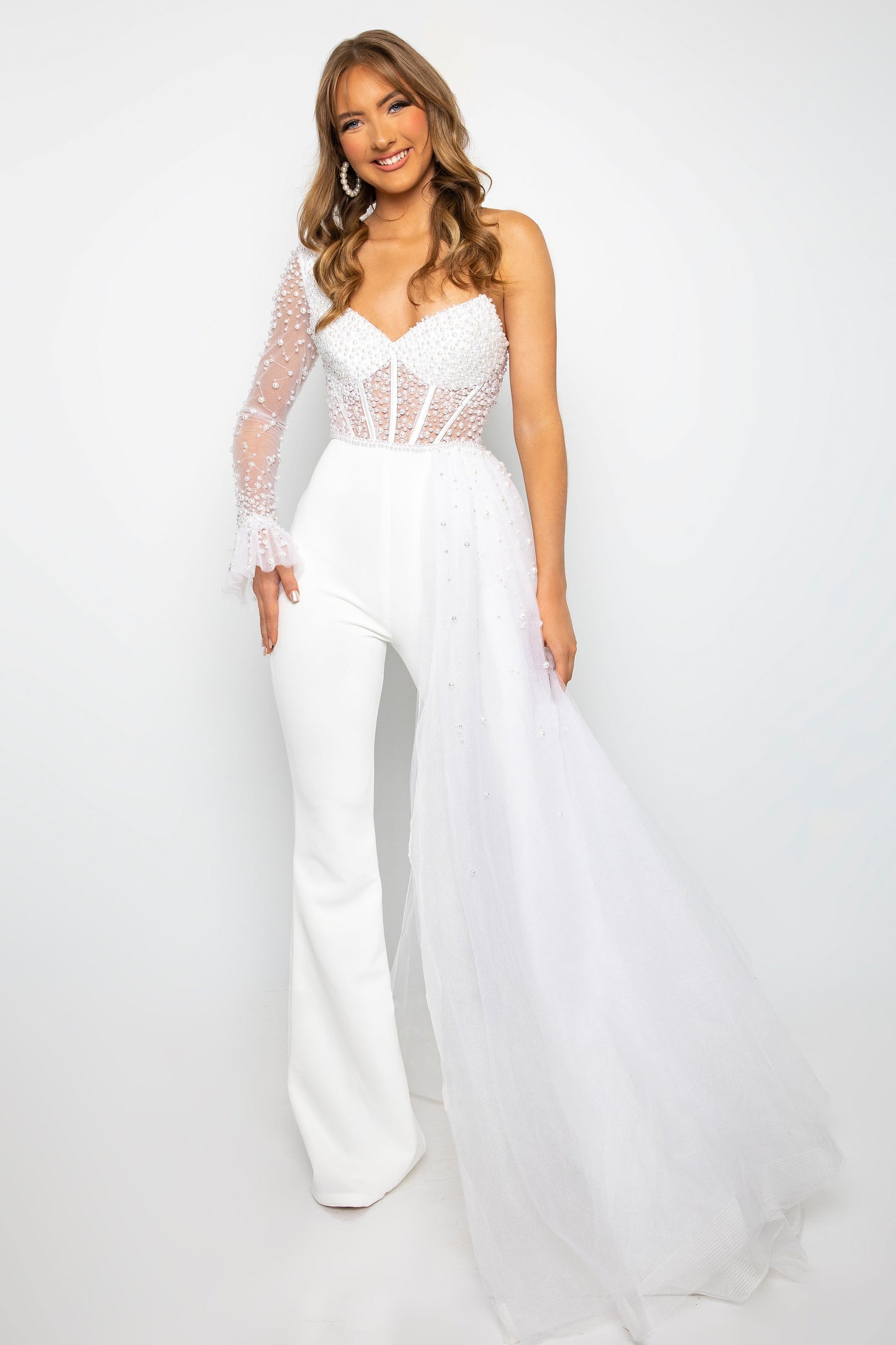 Jumpsuit Formal Beaded Prom Fitted Jumpsuit Solid White