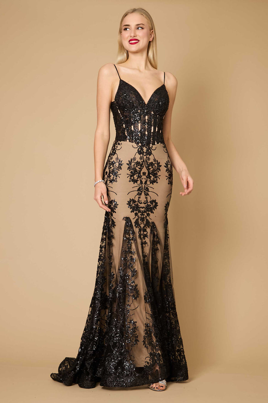 Fitted Corset Long Formal Prom Dress Black Nude