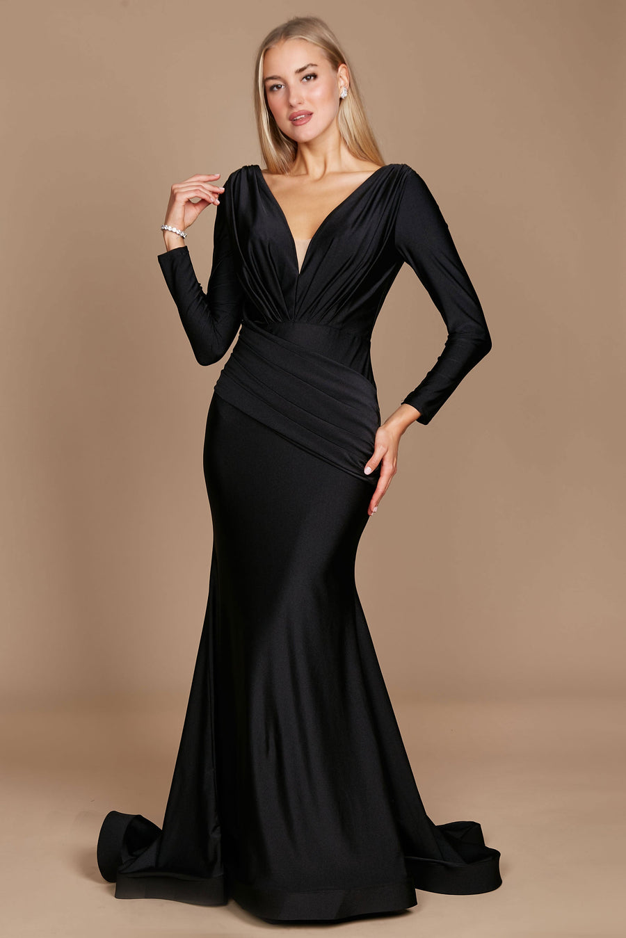 Long Sleeve Formal Fitted Evening Dress Black