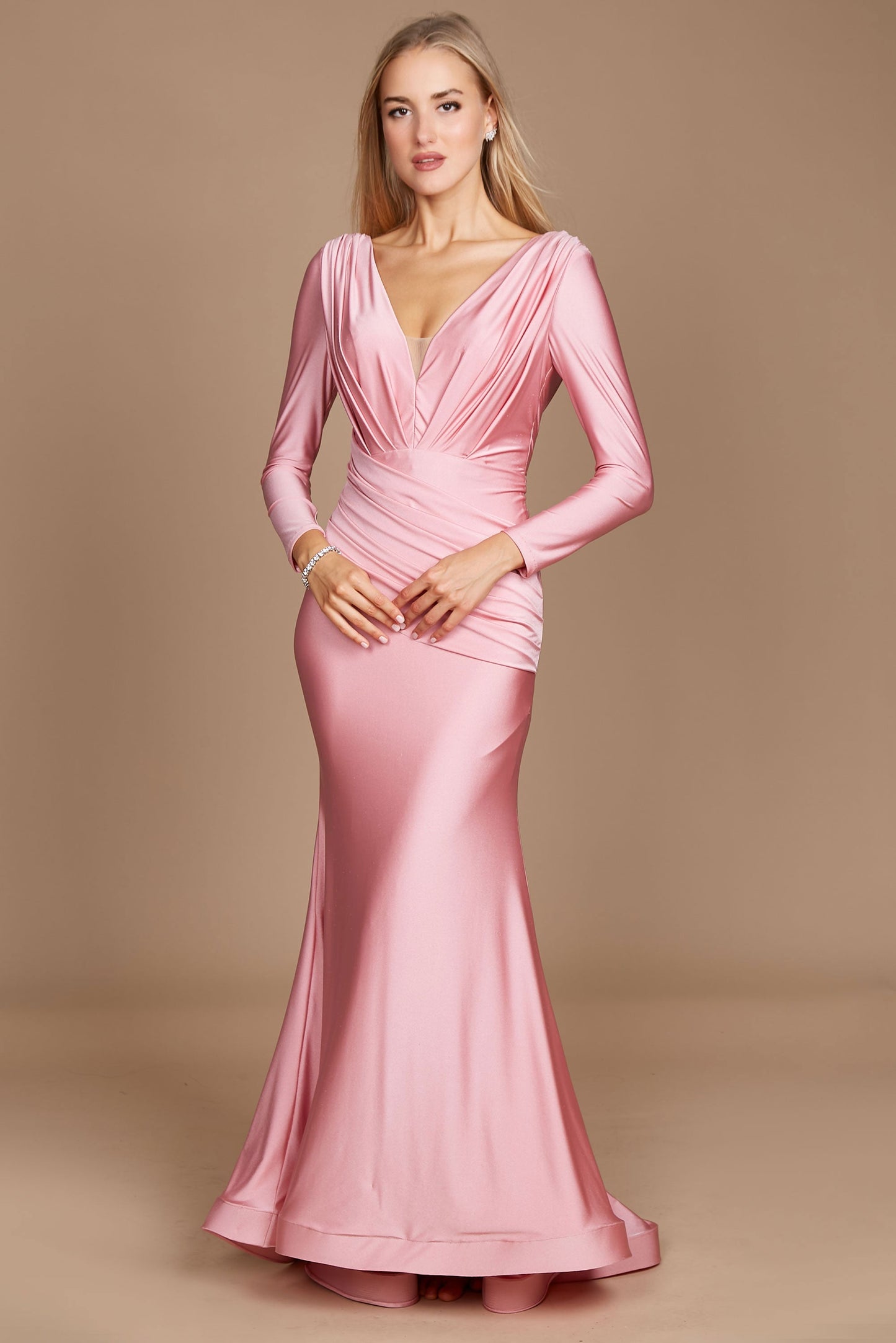 Long Sleeve Formal Fitted Evening Dress Pink