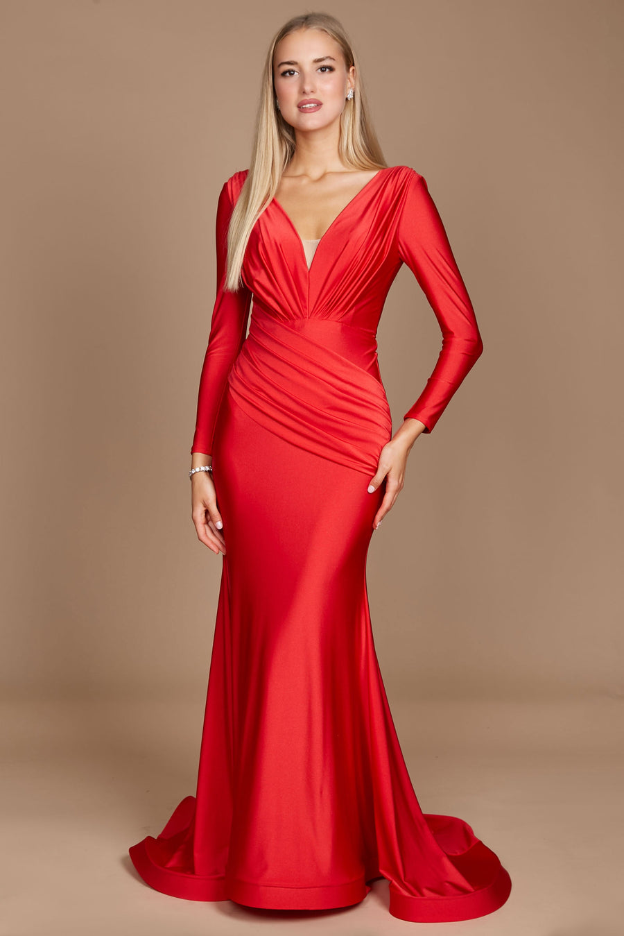 Long Sleeve Formal Fitted Evening Dress Red