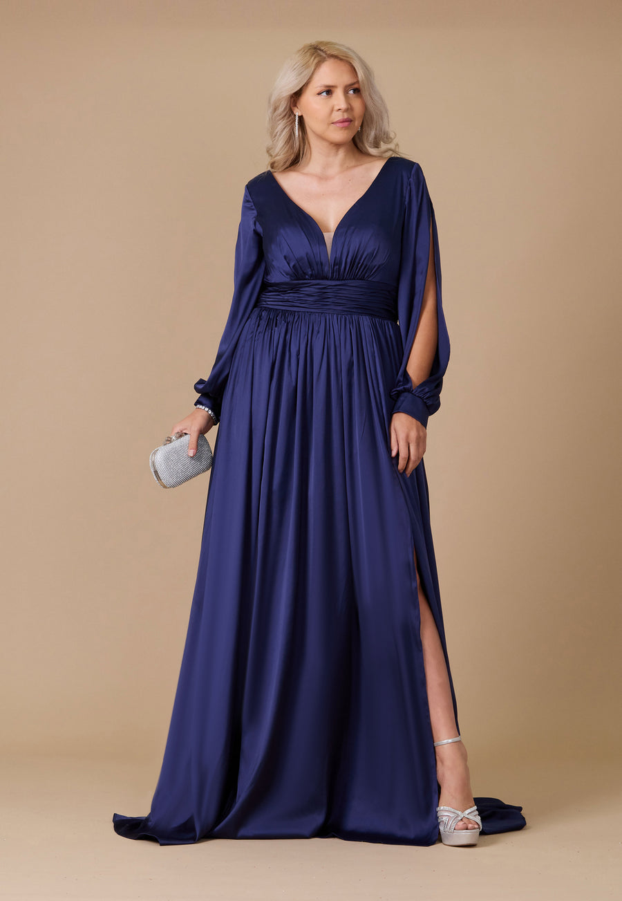 Formal Dresses Long Open Sleeve Satin Formal Dress Navy