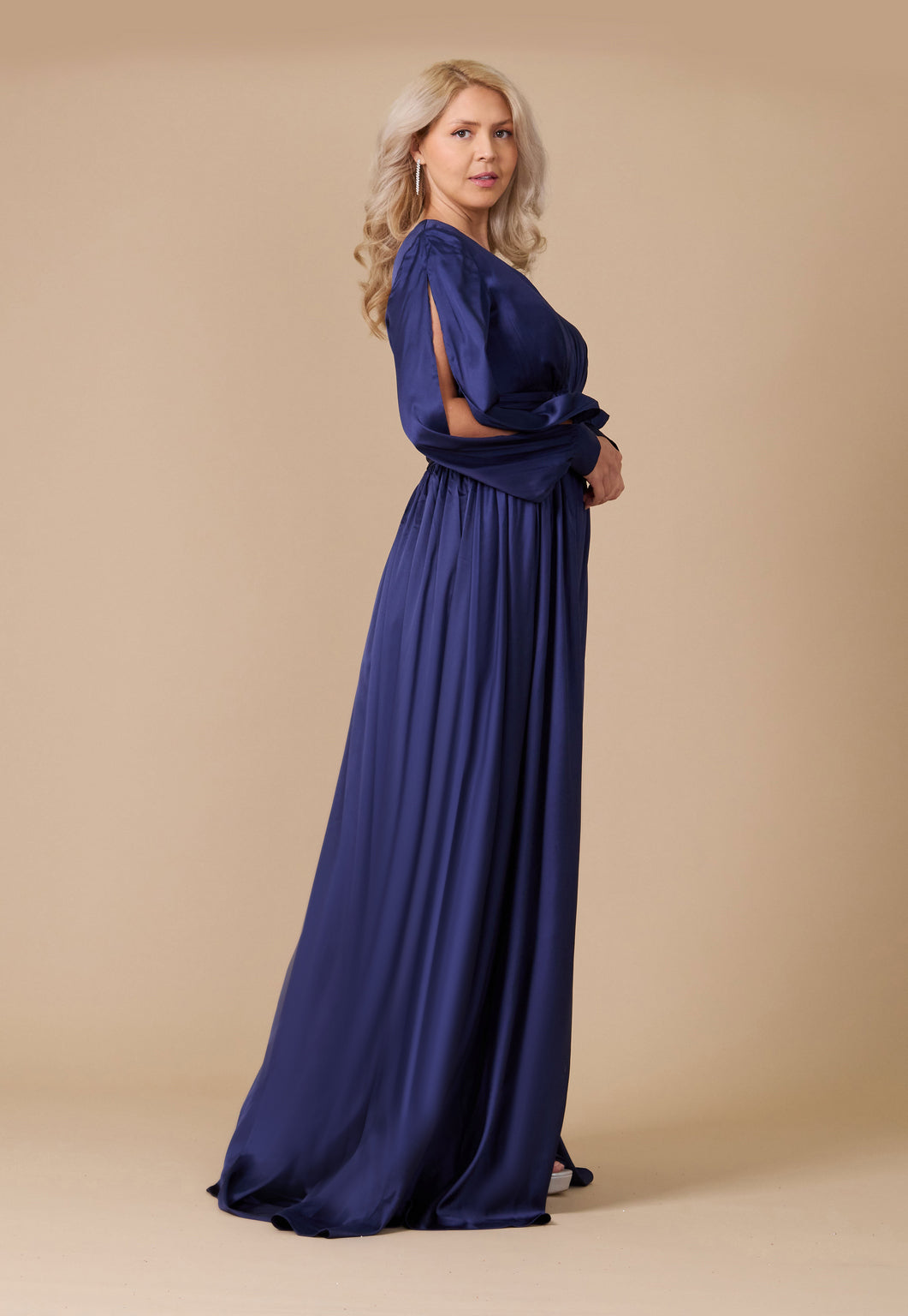 Formal Dresses Long Open Sleeve Satin Formal Evening Dress Navy