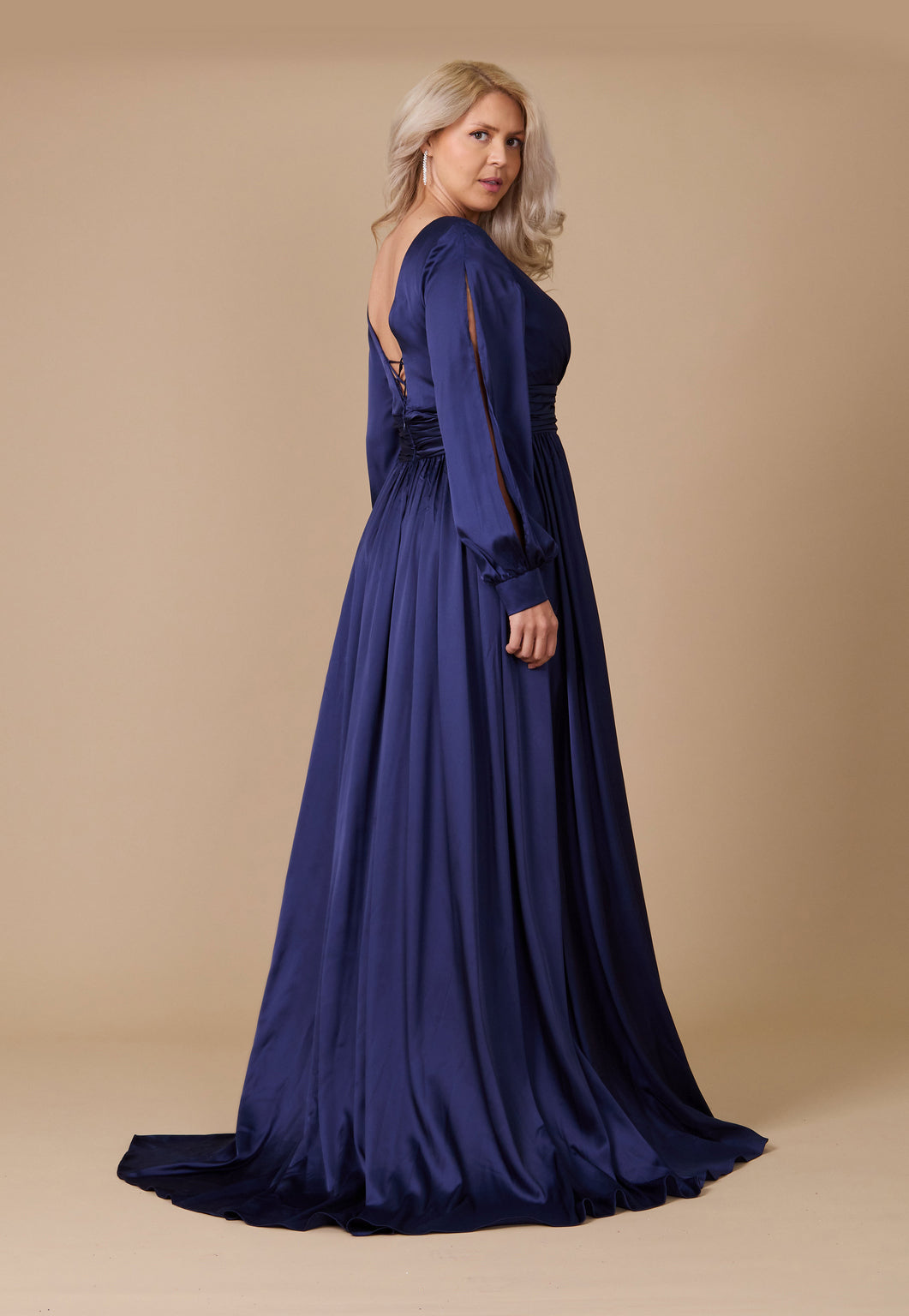 Formal Dresses Long Open Sleeve Satin Formal Evening Dress Navy