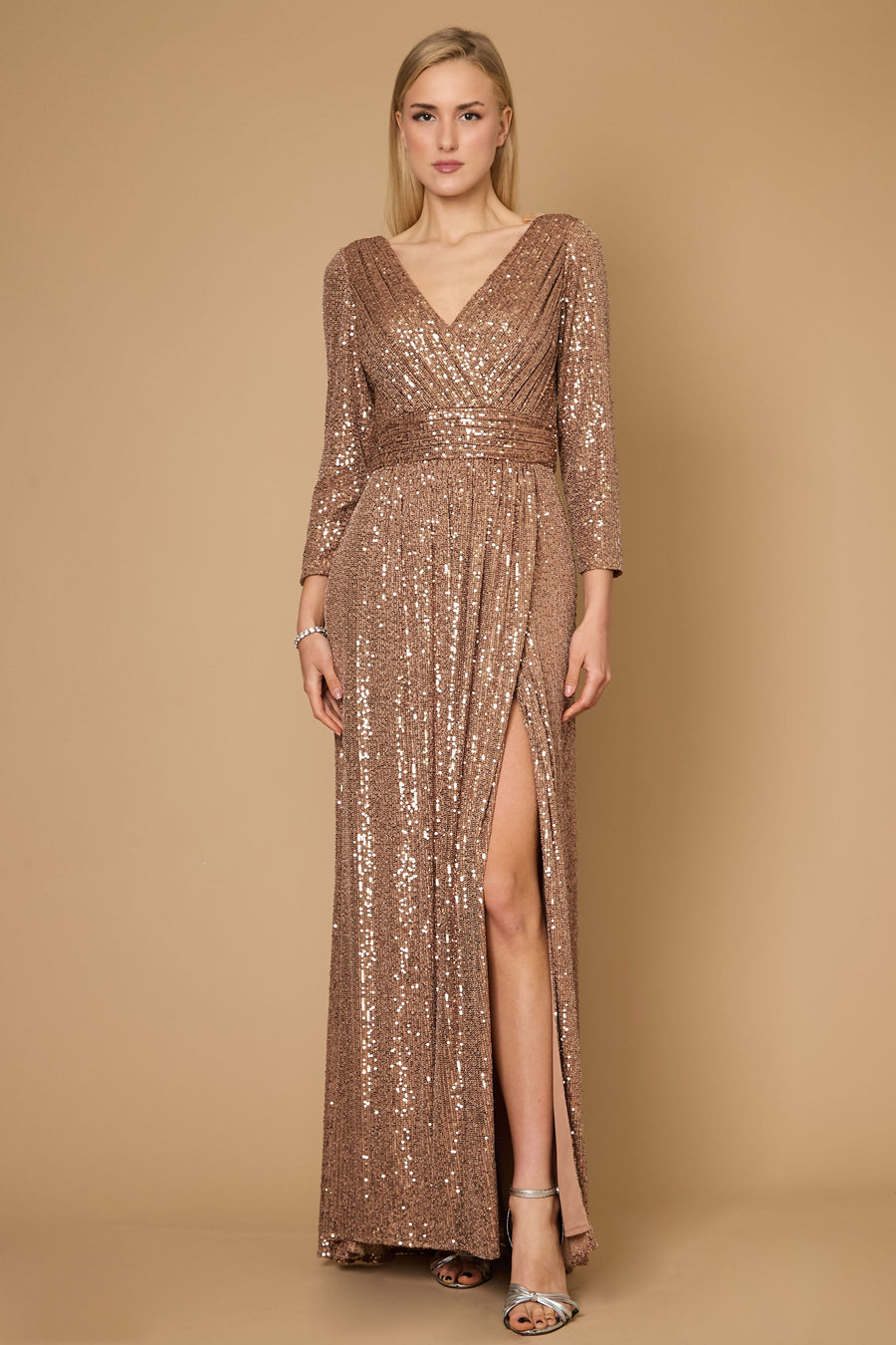 Long Sleeve Sequin Formal Hand Beaded Dress Bronze