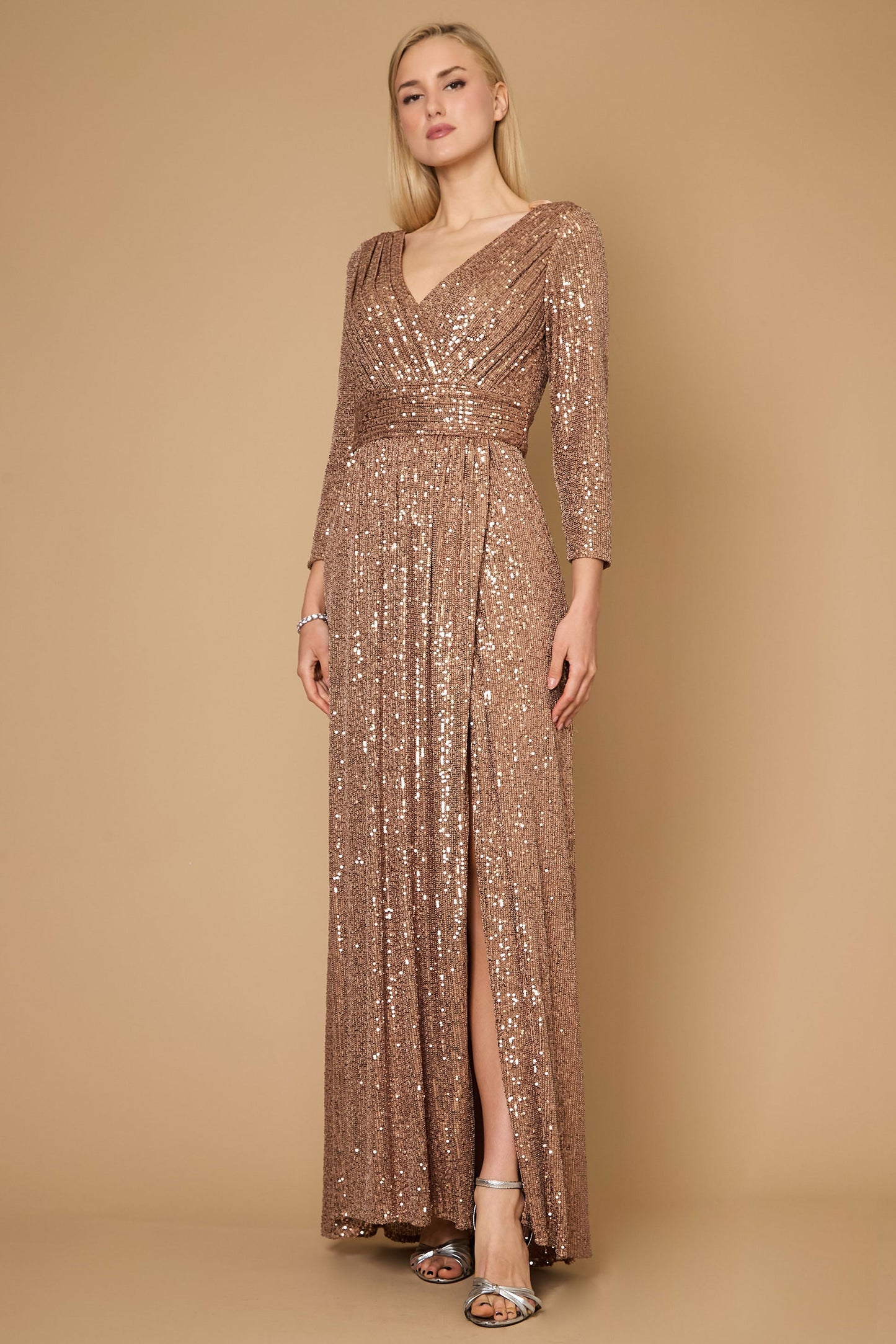 Long Sleeve Sequin Formal Hand Beaded Dress Bronze