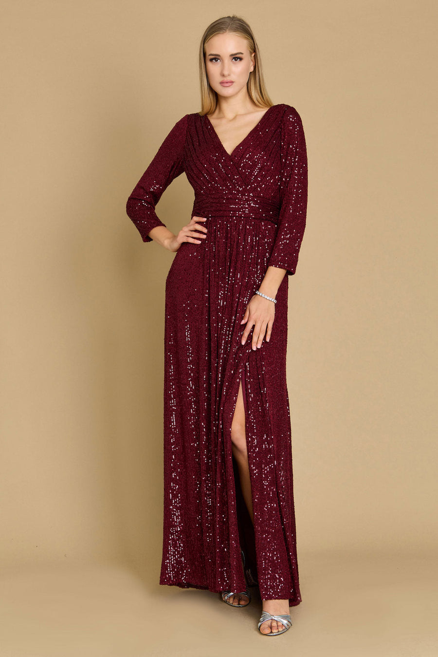 Long Sleeve Sequin Formal Hand Beaded Dress Burgundy