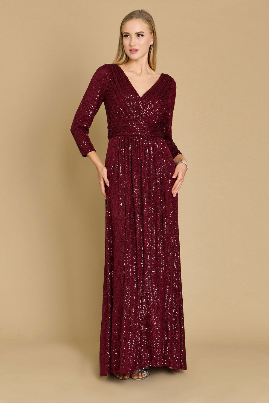 Long Sleeve Sequin Formal Hand Beaded Dress Burgundy