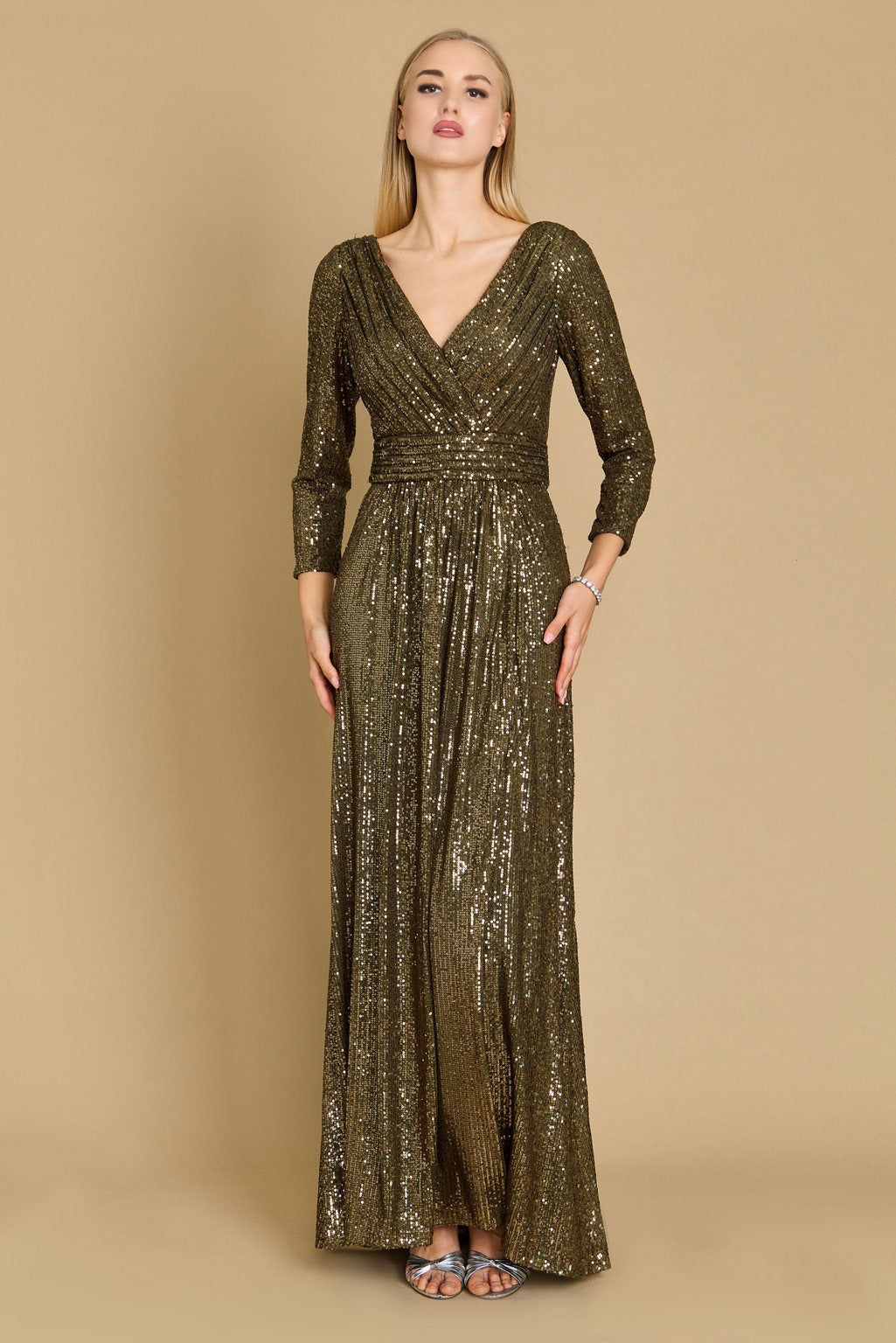 Long Sleeve Sequin Formal Hand Beaded Dress Olive