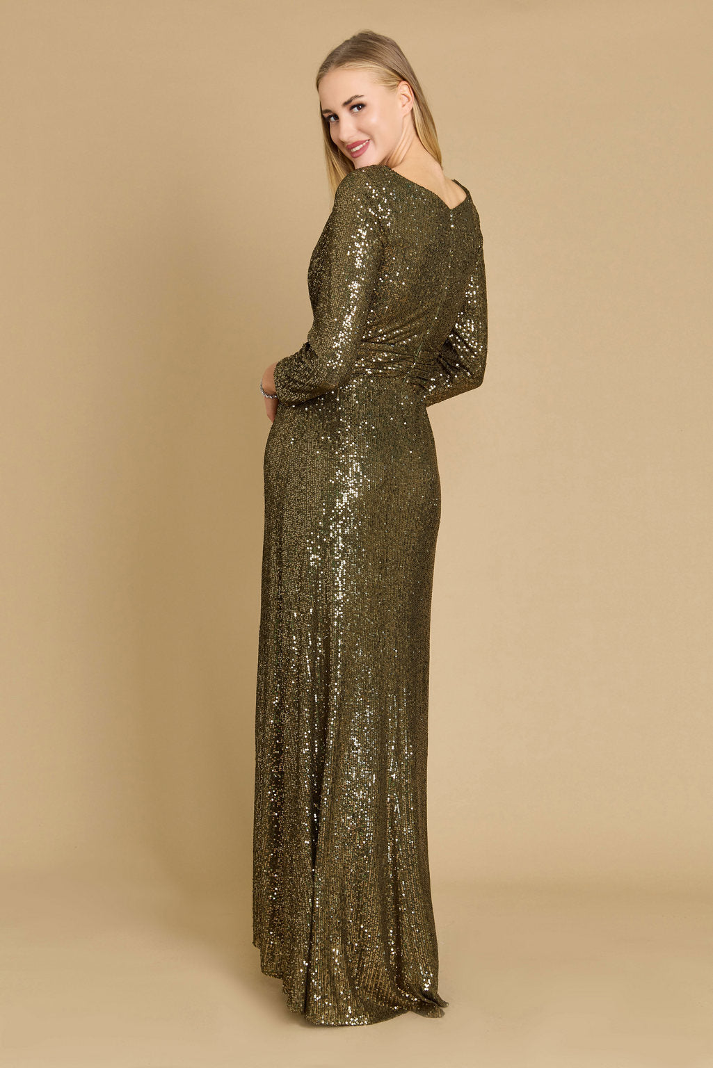 Long Sleeve Sequin Formal Hand Beaded Dress Olive