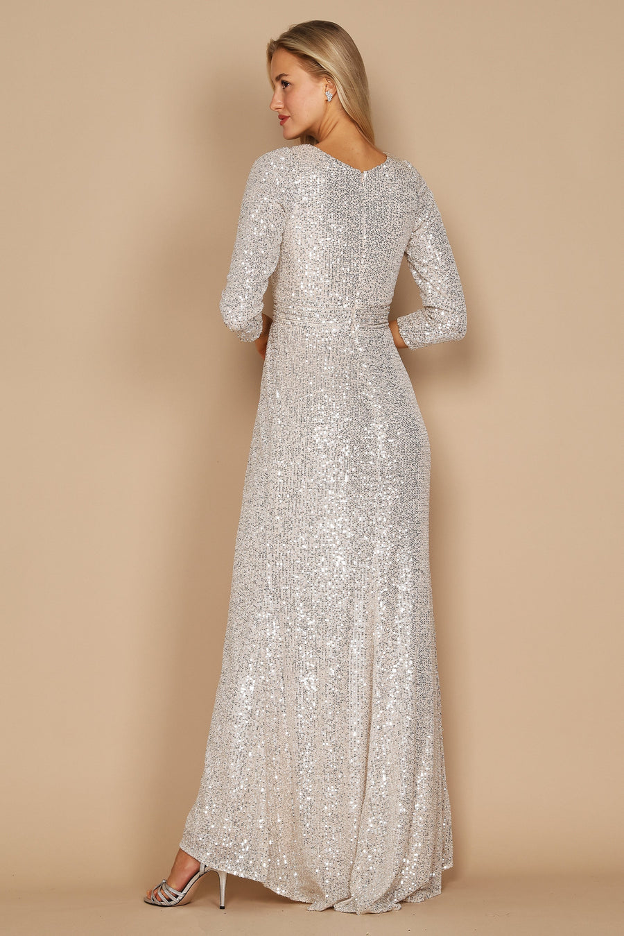 Long Sleeve Sequin Formal Hand Beaded Dress Silver