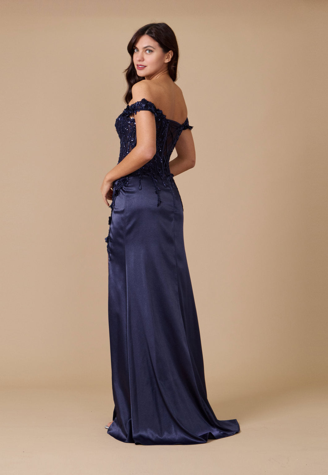 Prom Dresses Fitted Corset Off the Shoulder Formal Prom Dress Navy