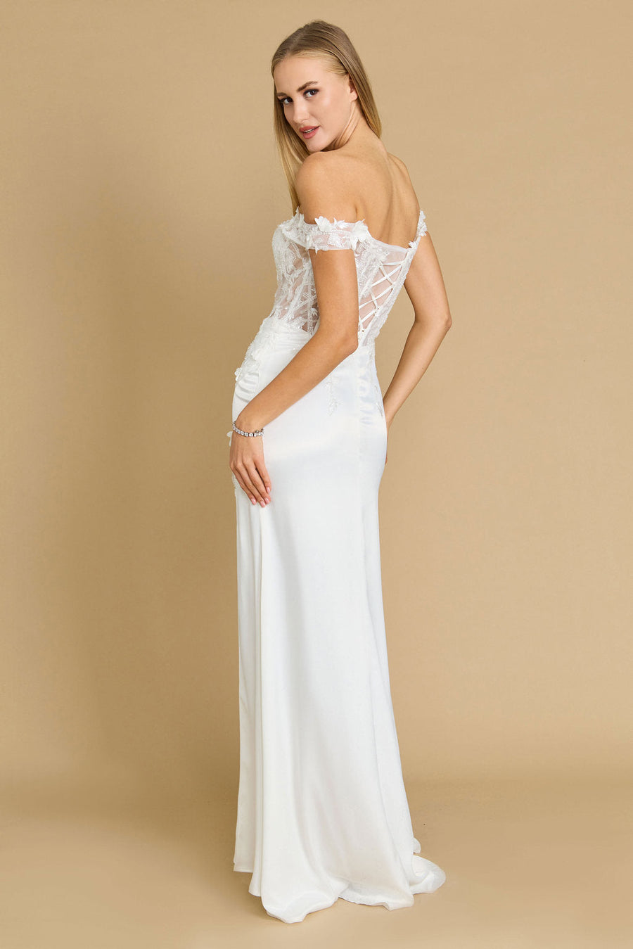 Fitted Corset Off the Shoulder Formal Prom Dress Ivory