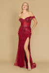 Fitted Off Shoulder Sequin Prom Formal Dress Burgundy