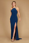 Long Fitted Open Back Jersey Prom Dress Navy