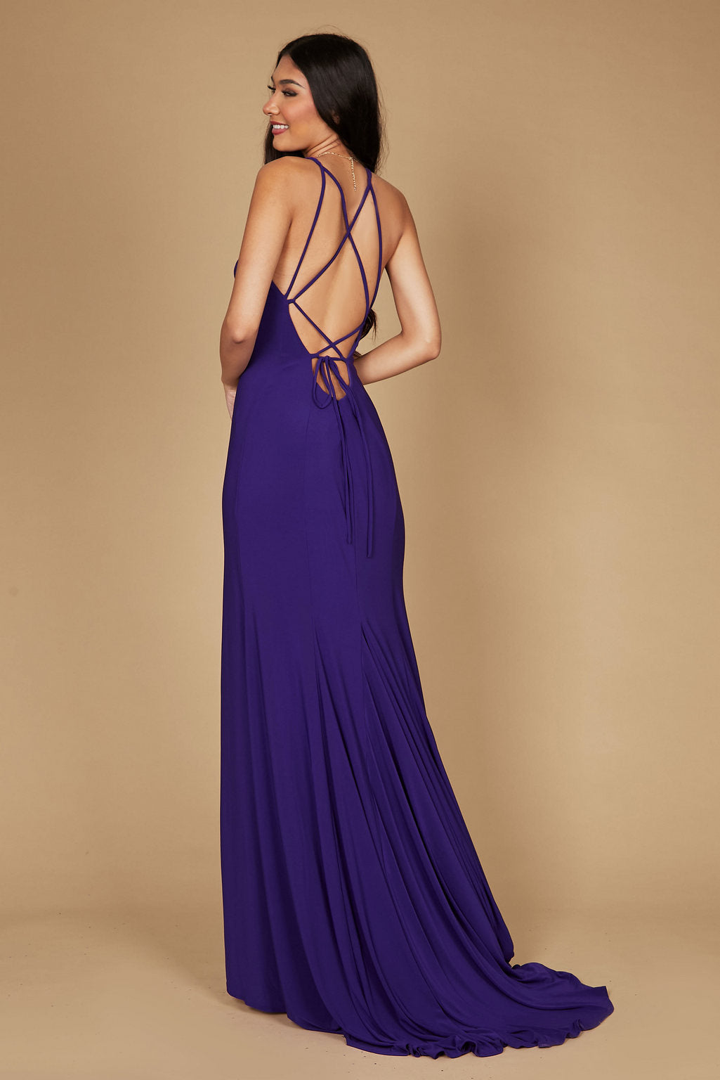 Long Fitted Open Back Jersey Prom Dress Plum