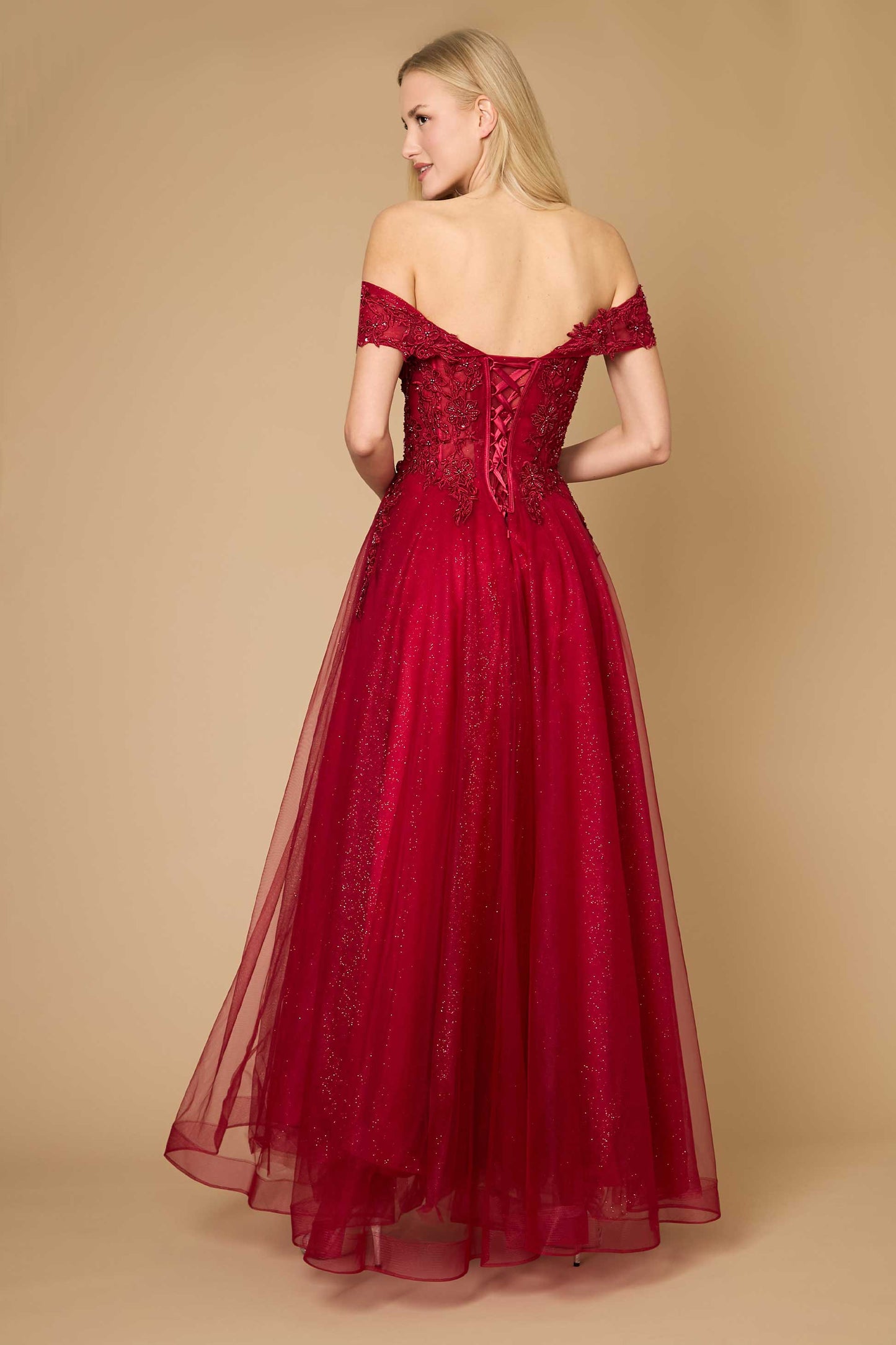 Long Off Shoulder Corset Formal Dress Burgundy