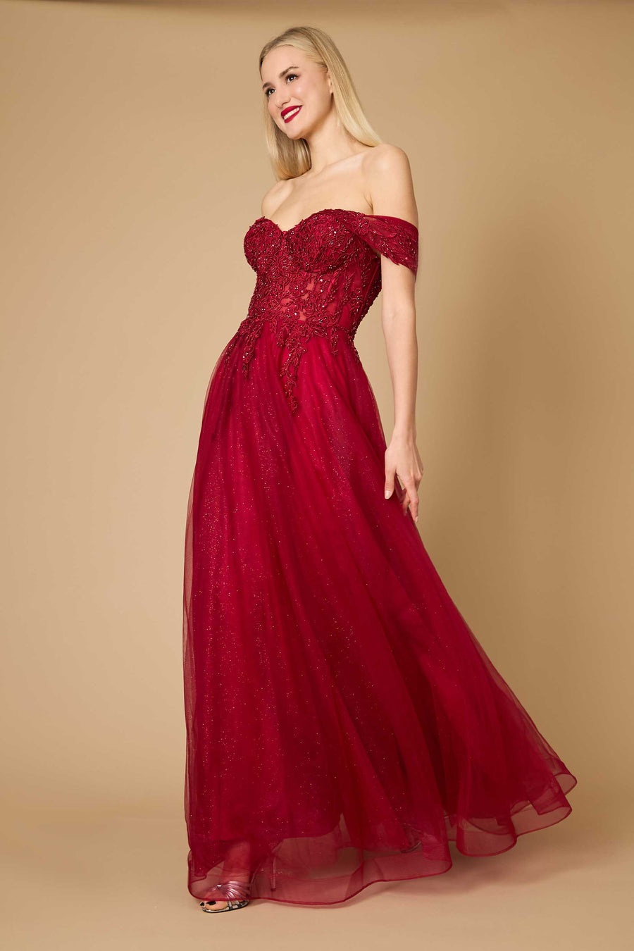 Long Off Shoulder Corset Formal Dress Burgundy