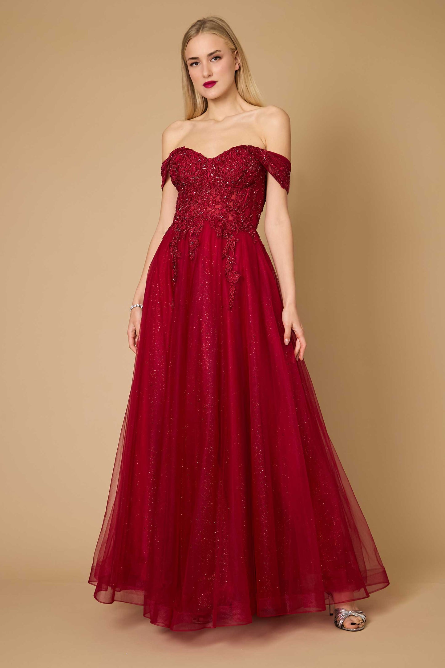 Long Off Shoulder Corset Formal Dress Burgundy