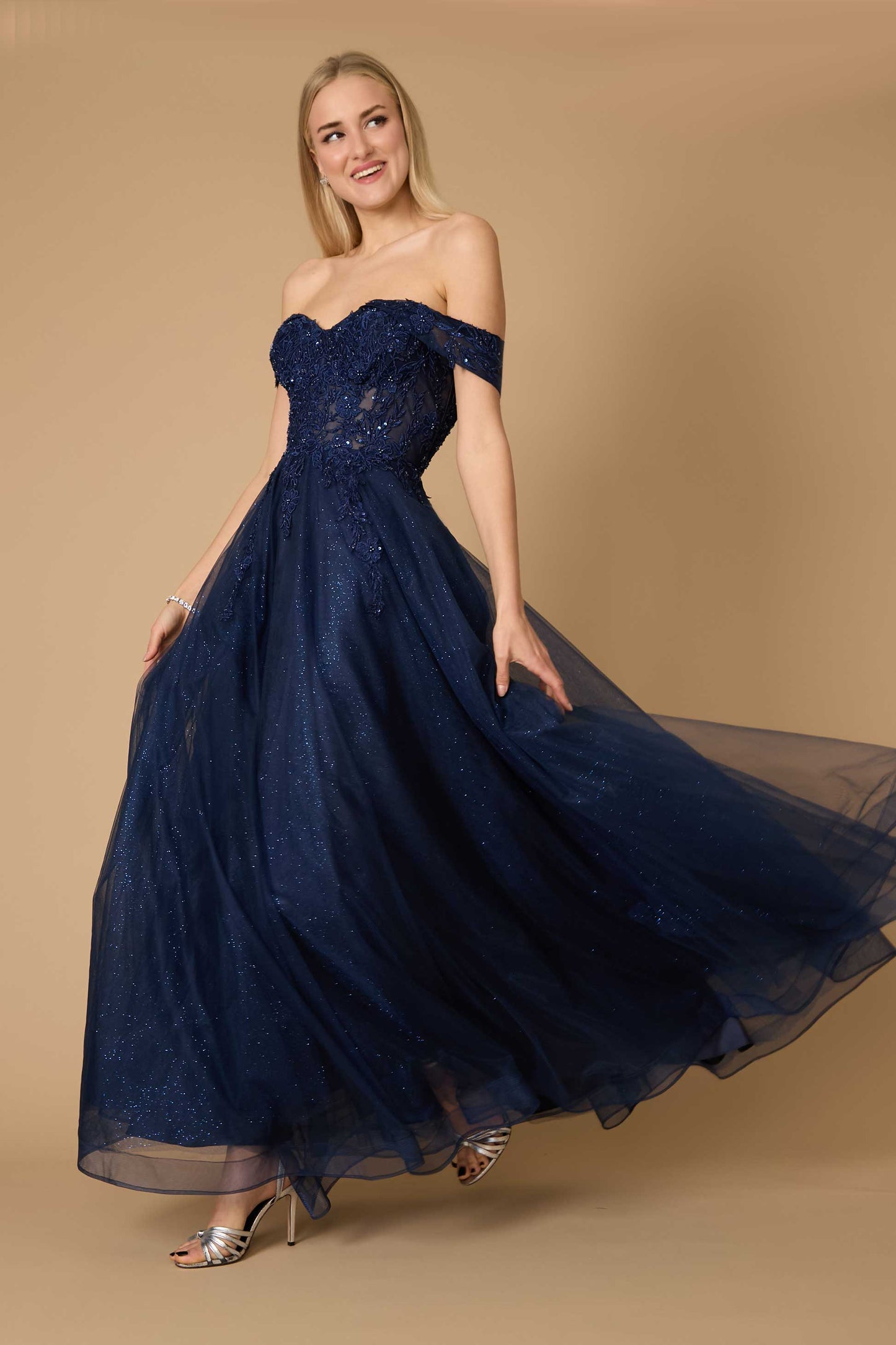 Long Off Shoulder Corset Formal Dress Navy