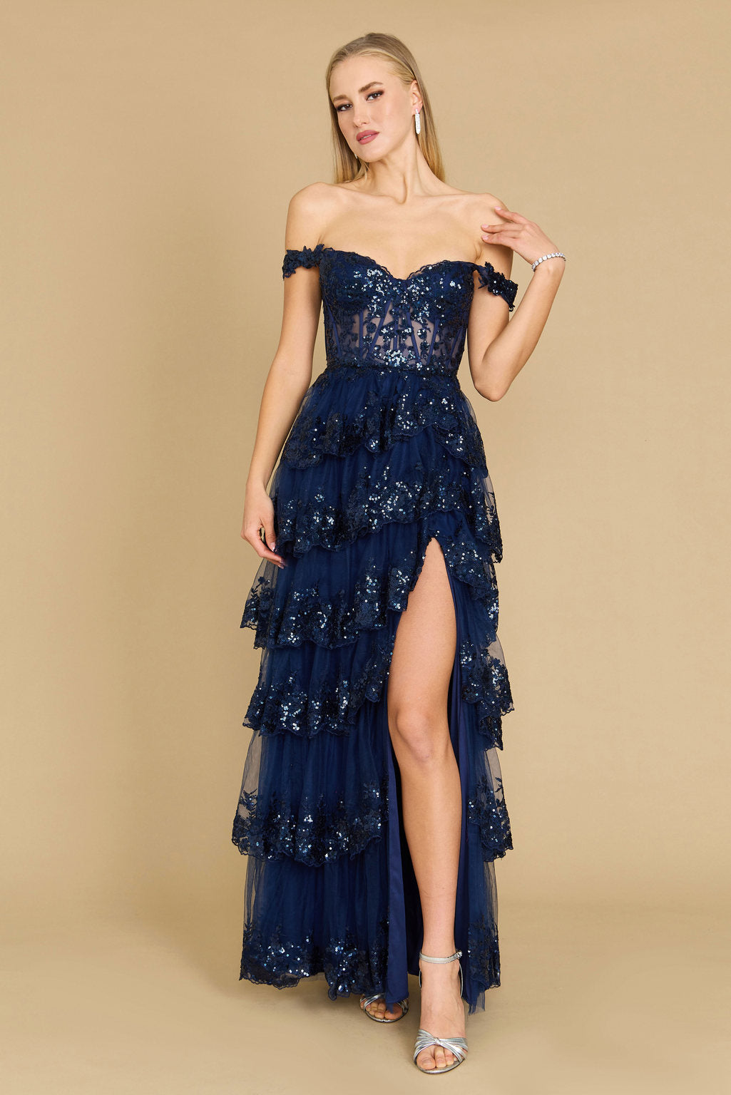 Formal Dresses Long Sequin Sheer Corset Prom Dress Navy