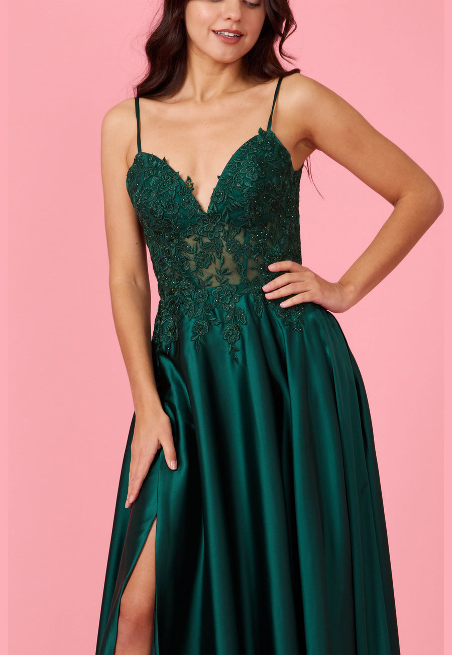 Prom Dresses Long Chiffon Lace Illusion Formal Prom Dress Emerlad Green 