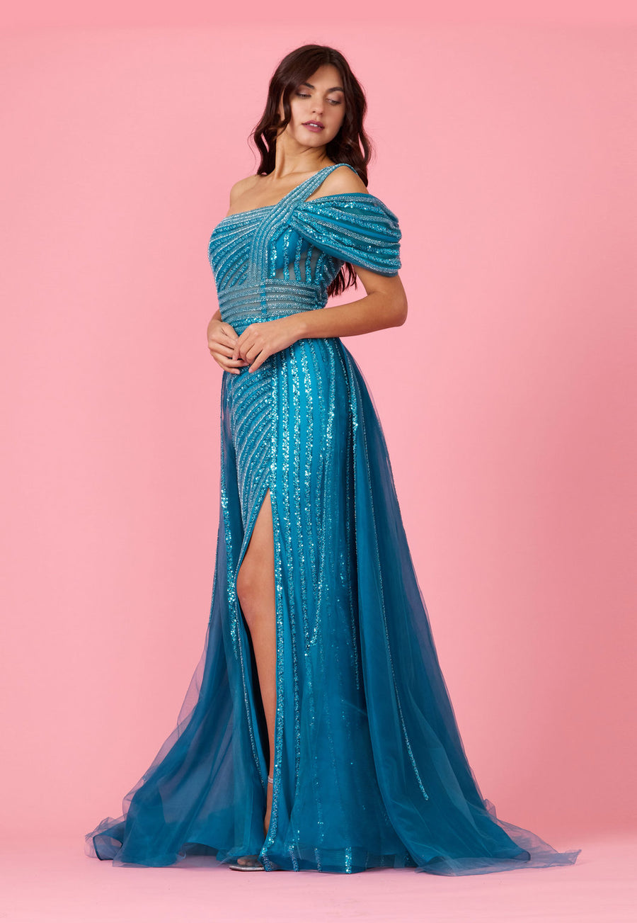 Formal Dresses Long Couture Beaded Cold Shoulder Formal Dress Teal