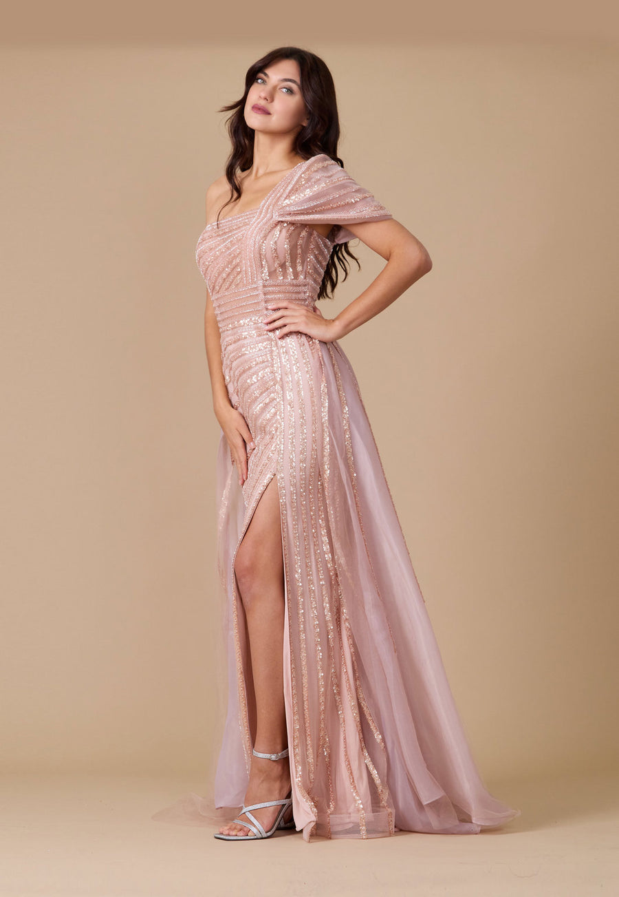 Formal Dresses Dylan & Davids Long Couture Hand Beaded Cold Shoulder Formal Dress Rose Gold