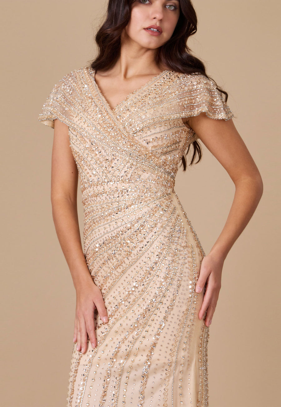 Formal Dresses Short Sleeve Hand Beaded Formal Couture Dress Gold