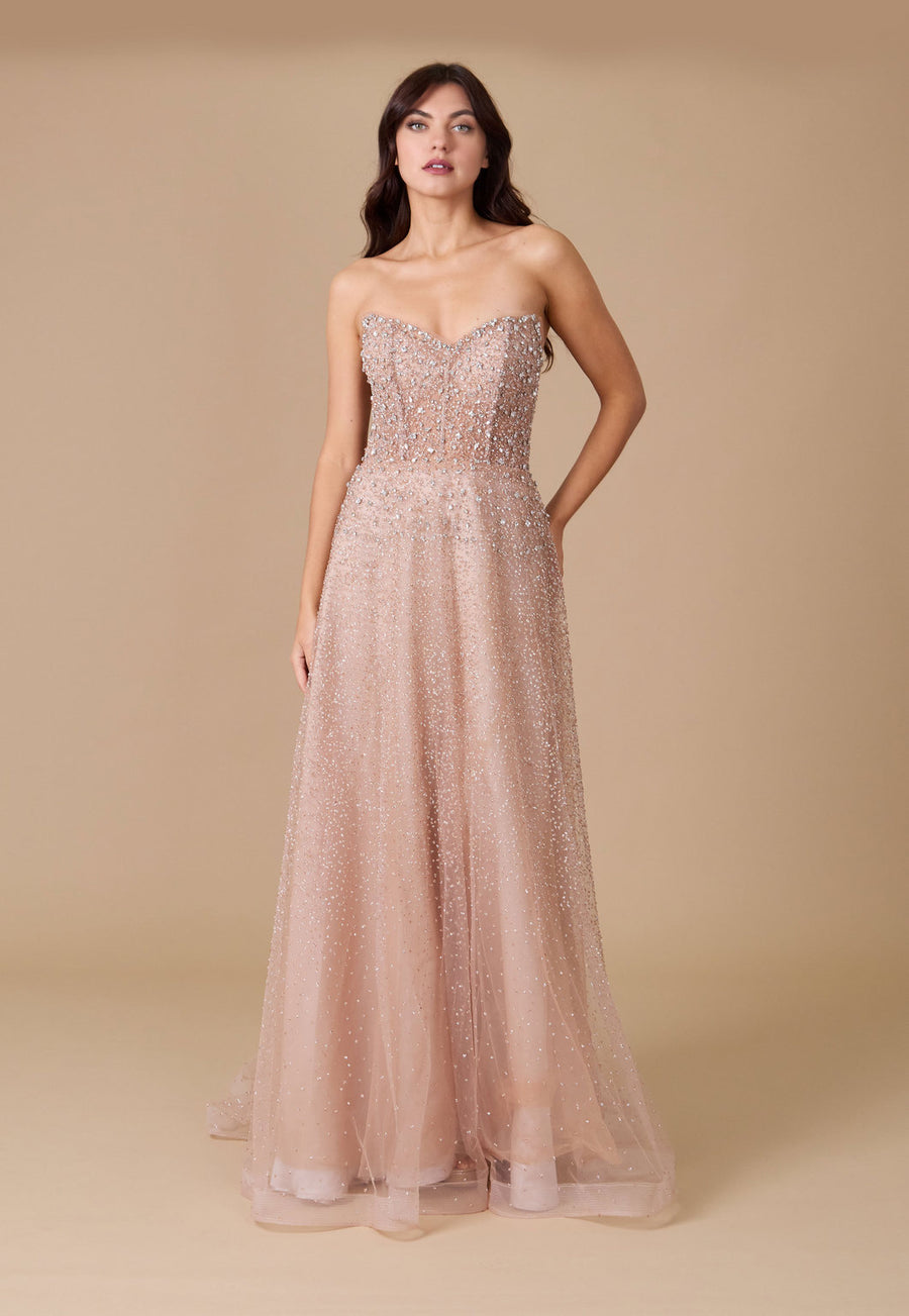 Formal Dresses Long Strapless Hand Beaded Formal Couture Dress Champagne