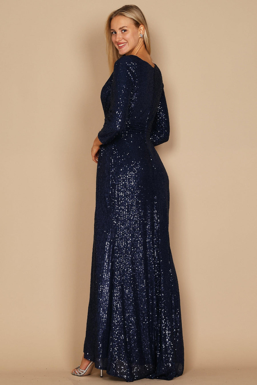 Long Sleeve Sequin Formal Hand Beaded Dress Navy