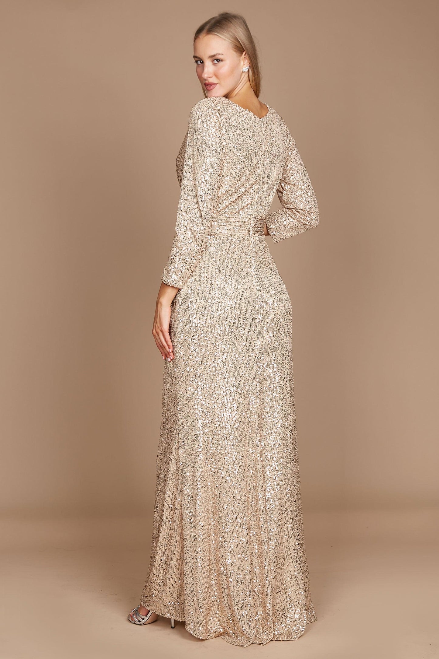 Long Sleeve Sequin Formal Hand Beaded Dress Gold