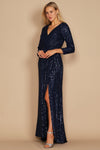 Long Sleeve Sequin Formal Hand Beaded Dress Navy