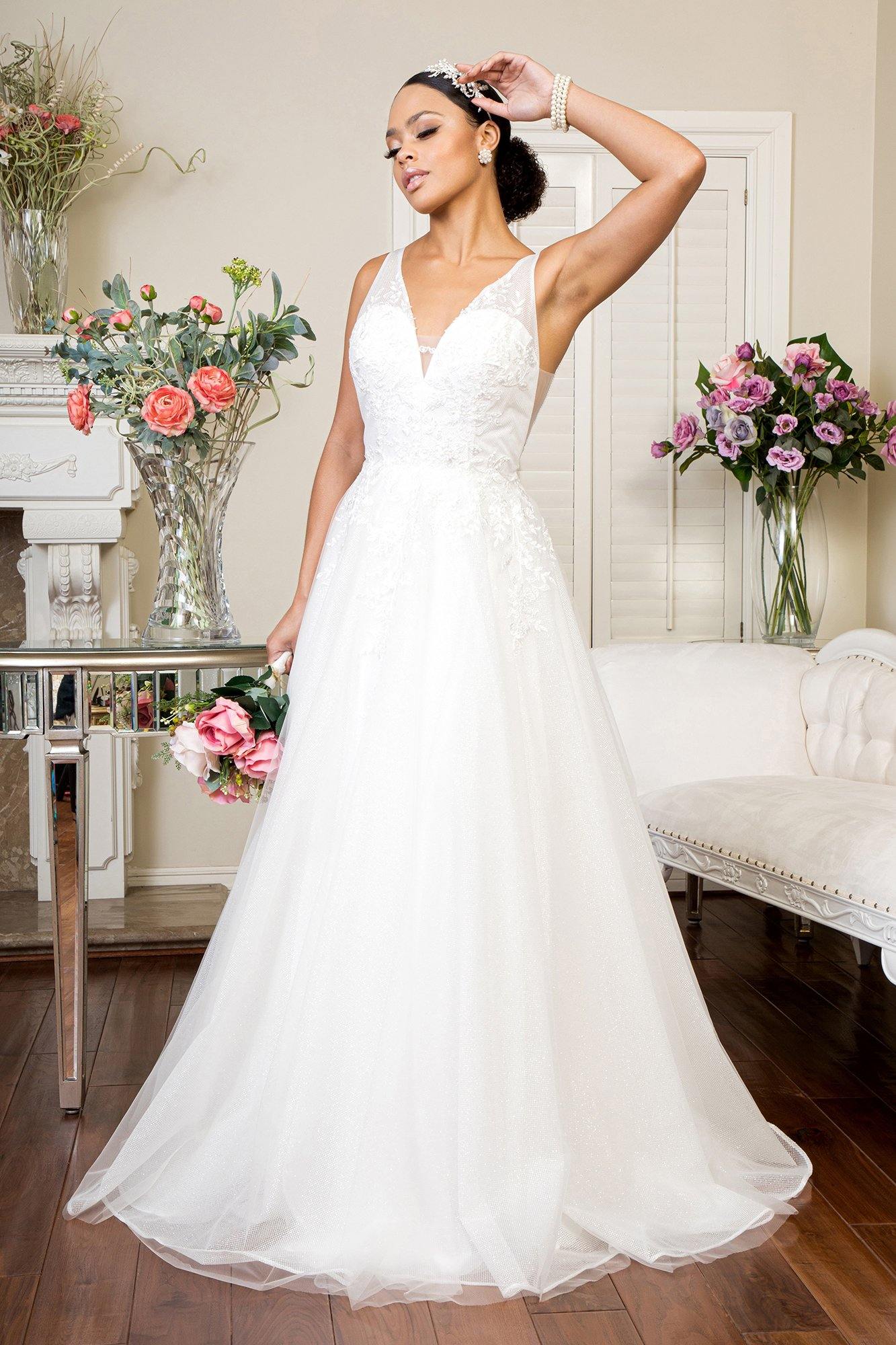 Long Floral Glitter Mesh Wedding Gown - The Dress Outlet