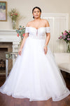 Long Off Shoulder Glitter Mesh Wedding Gown - The Dress Outlet