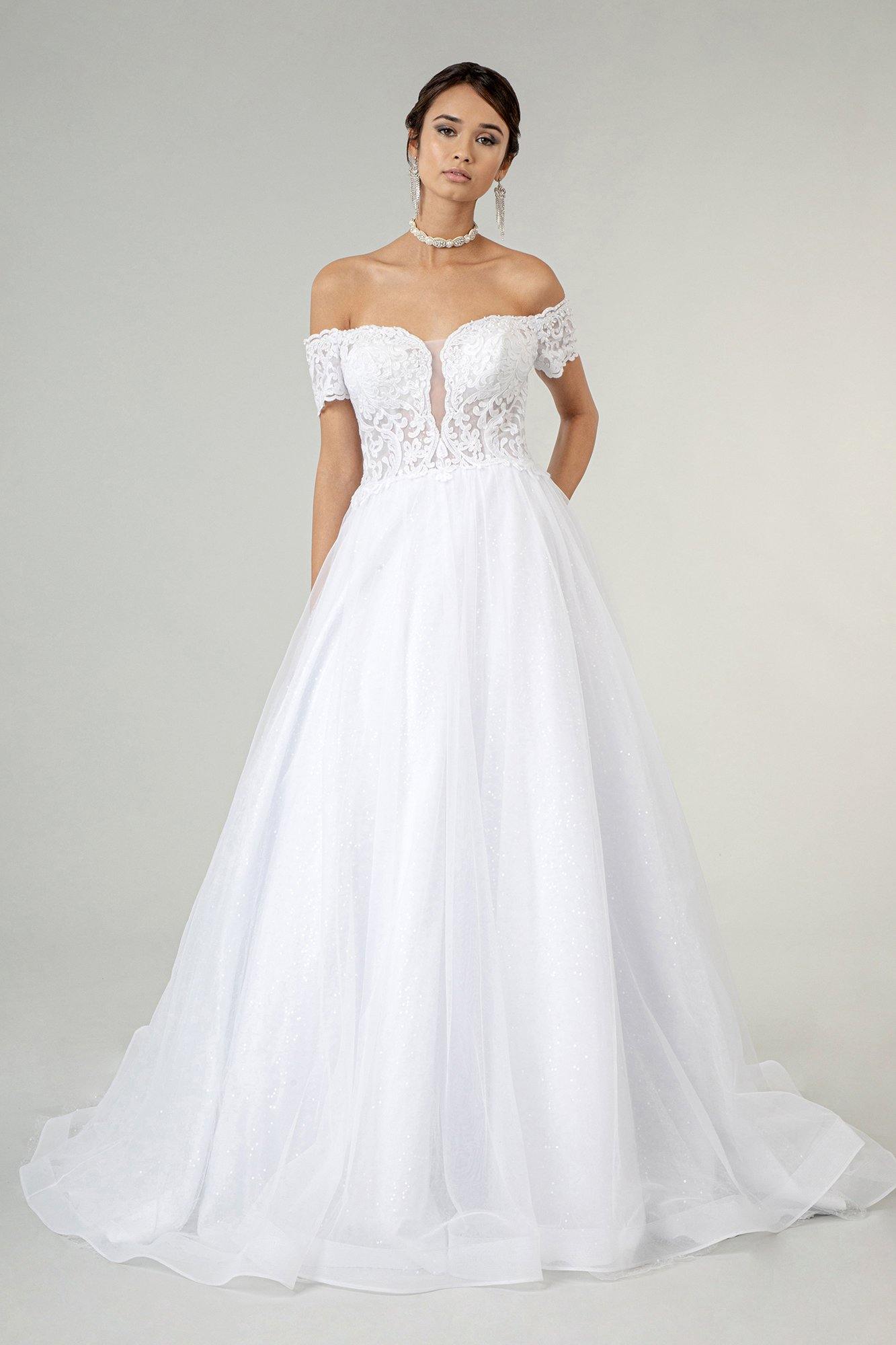 Long Off Shoulder Glitter Mesh Wedding Gown - The Dress Outlet