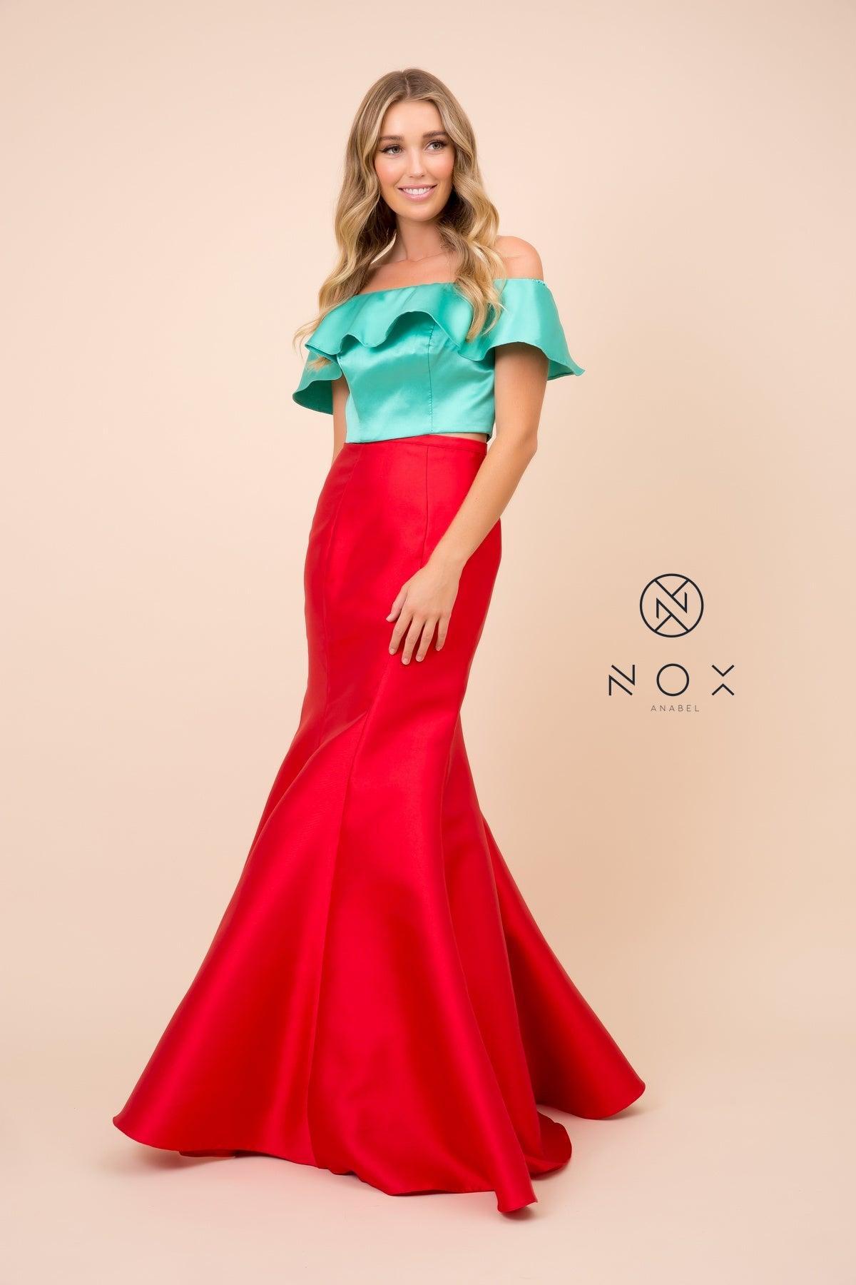 Long Two Piece Crop Top Off The Shoulder Prom Dress - The Dress Outlet Nox Anabel