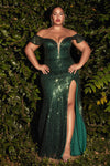 Sexy Off Shoulder Formal Long Slit Prom Dress Emerald